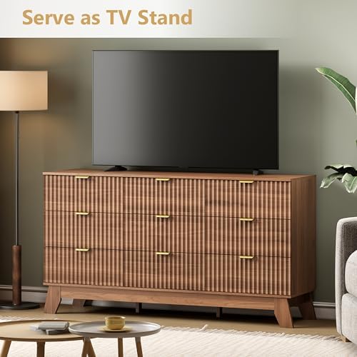 Wodeer 9 Drawer Fluted Dresser for Bedroom, Mid Century Modern Wooden Dresser with 9 Drawers, Dressers & Chests of Drawers with Metal Handle, TV Stand & Storage Organizer for Entryway, Hallway, Walnut - Image 3
