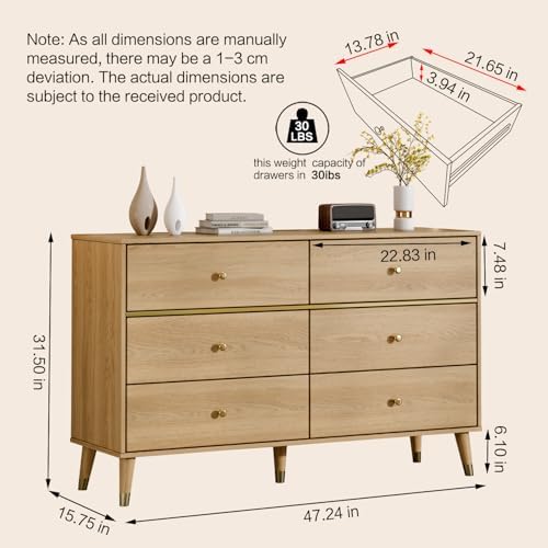 Chrangmay 6 Drawer Dresser,47.24" Wide Mid Century Chest of Drawers,Wooden Bedroom Drawer Dresser with 9 Storage Drawers for Bedroom,Living Room,with Anti-Tipping Device,Oak - Image 2