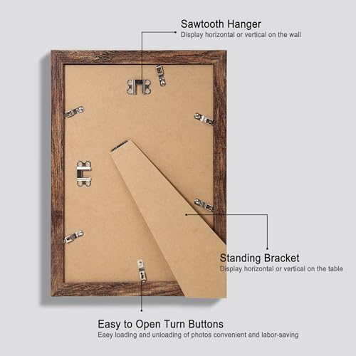 Hongkee 8x12 Picture Frame Set of 4, Made of Glass and Rustic Brown Wooden Frame - Display 6x8 Picture with Mat or 8 x 12 Poster Without Mat, 8 by 12 Photo for Wall or Tabletop - Image 3