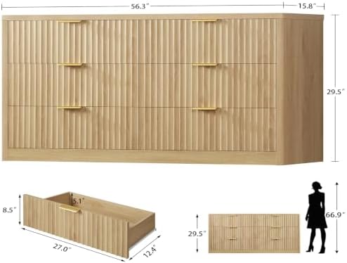 TEENFON 56.3'' Dresser for Bedroom with 6 Drawers, Dressers & Chest of Drawers with Curved Profile Design, 6 Drawer Dresser, Fluted Dressers, Wood Dressers for Bedroom, Living Room, Natural - Image 2