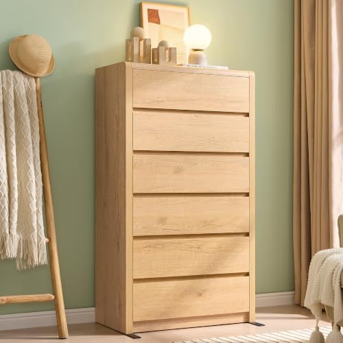 55.6” Tall Dresser with 6 Drawers, Natural Dresser & Chest of Drawers, Wooden Dresser for Bedroom, Living Room, Hallway, Wood Drawer Organizer, Front Curved & Handleless Design by Odeekea