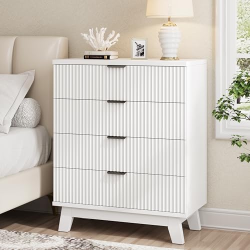 Xixini Fluted Nightstand with 4 Drawers, 31.5" Wide Side Table, White by Xixini