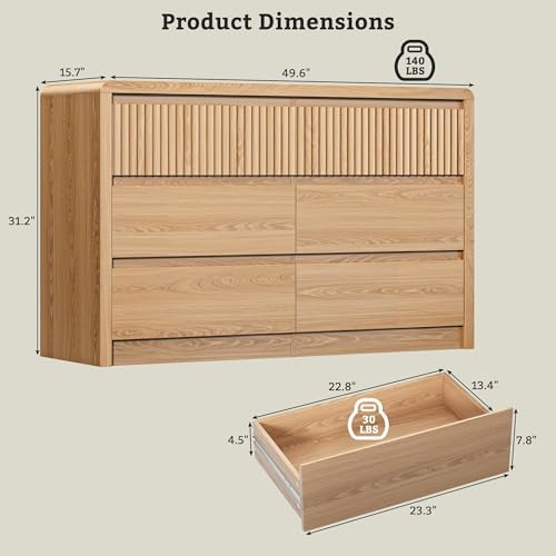 LYNSOM Oak Fluted 6 Drawer Dresser for Bedroom, Curved Edge, 50" Wide - Image 2