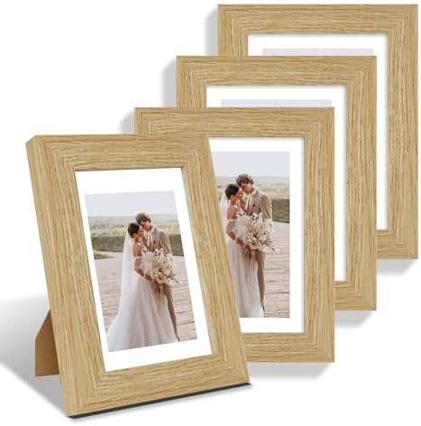 Hongkee 5x7 Picture Frame Set of 4, Made of Real Glass and Natural Oak Wooden Frame, 5 by 7 Photo for Wall or Tabletop - Display Picture 4x6 with Mat or 5x7 Without Mat by Hongkee