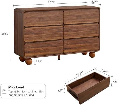 Modern 6 Drawer Dresser for Bedroom, 48" Wooden Chest of Drawers, Walnut - Image 2