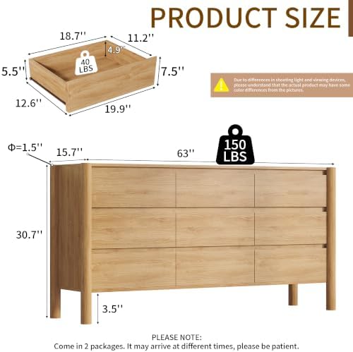 CHUWELL 63" Wide Oak 9 Drawer Dresser for Bedroom with Solid Wood Legs - Image 2