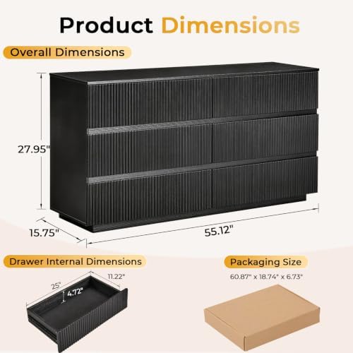 Karl home Black 6 Drawer Fluted Dresser, Modern Storage Chest of Drawers - Image 3