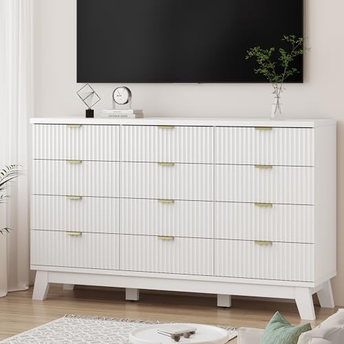 Xixini Fluted Dresser for Bedroom with 12 Drawers, 57" Wide Modern Chest of Drawers with Metal Handle, Wooden Dresser TV Stand, Wood Closet Clothes Storage Organizer for Living Room, Hallway, White - Image 7