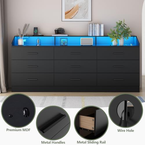 9 Drawer Dressers for Bedroom with Charging Station, 63'' Long Dresser for Closet with Led Light, Modern Black Chest of Drawers with Open Storage Cubby, Triple Wide Wooden Dresser for Entryway Hallway - Image 6