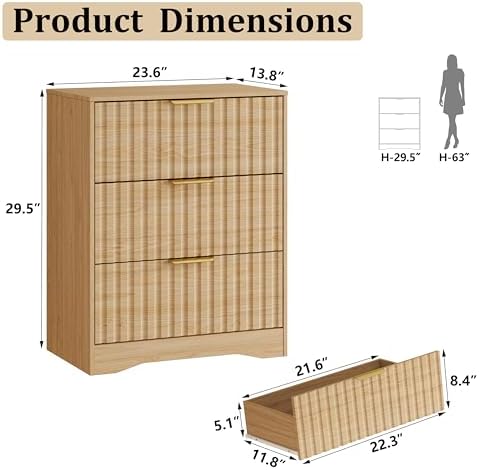 9 Drawer Dresser and Nightstand Sets for Bedroom, Modern Fluted 3 Pcs Bedroom Dresser Furniture Sets, Wood Chest of Drawers and Nightstand Set of 2 with Metal Handles, Natural Oak - Image 3