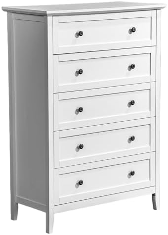 Karl home White Farmhouse 5 Drawers Tall Dresser, Bedroom Storage Chest by Karlhome