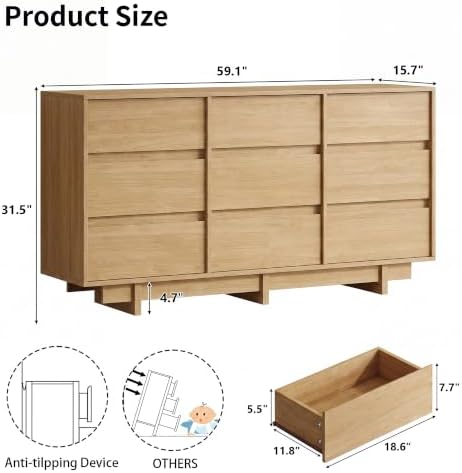 HOUROM Oak Dresser for Bedroom, 59in Modern 9 Drawer Chest of Drawers - Image 2