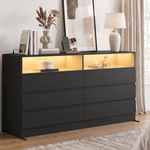 Gyfimoie Black 6-Drawer Dresser for Bedroom w/Power Outlet and LED Light by Gyfimoie