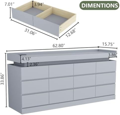 Gyfimoie 12 Drawer Dresser with Power Outlet, Modern Dresser with LED Light - Image 2