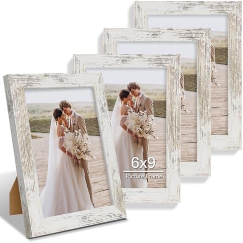 Hongkee 6x9 Picture Frame Set of 4, Made of Real Glass and Distressed White Wooden Frame - 6 by 9 Photo for Wall or Tabletop Display by Hongkee
