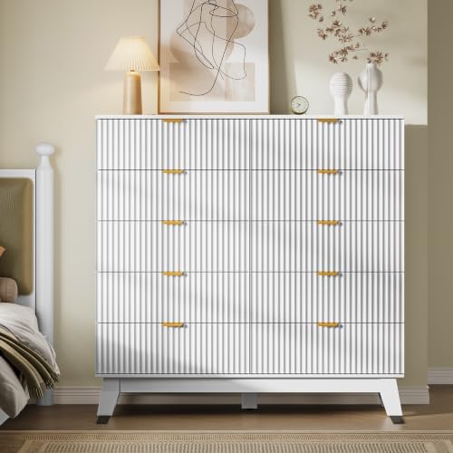 BORNOON 46" Tall Dresser for Bedroom, 10-Drawer Fluted Chest of Drawers, Modern Wood Highboy with Metal Slides and Handles, Anti-Tip Kit, Vertical Clothes Storage Organizer for Apartment, Closet - Image 3