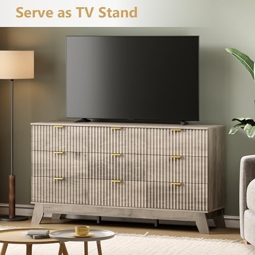 Wodeer 9 Drawer Fluted Dresser for Bedroom, Mid Century Modern Wooden Dresser with 9 Drawers, Dressers & Chests of Drawers with Metal Handle, TV Stand & Storage Organizer for Entryway, Hallway, Oak - Image 3
