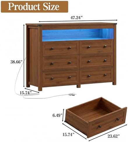 Wodeer Dresser 6 Drawer Dressers for Bedroom with LED Lights, Charging Station, Wood Chest of Drawers with Metal Handles, Modern TV Stand Storage Cabinet for Living Room, Hallway, Entryway, Walnut - Image 2