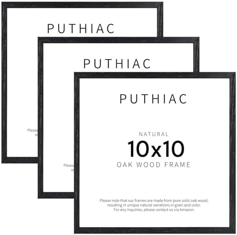 puthiac 10x10 Solid Oak Wood Picture Frames, Black, 3 Pack by PUTHIAC