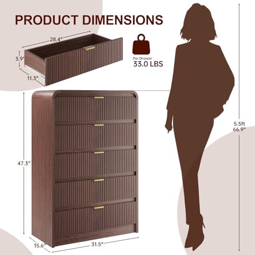FURSUN Fluted 5 Drawers Dresser for Bedroom, 48" Tall Wooden Modern Dresser with Metal Handle, Curved Profile Design, Storage Organizer for Bedroom, Living Room, Hallway, Dark Walnut - Image 2