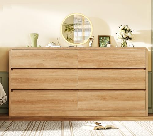 TEENFON 55" Dresser for Bedroom with 6 Drawers, Dressers & Chests of Drawers with Curved Profile Design, 6 Drawer Dresser, Bedroom Dressers, Wood Dressers for Bedroom, Hallway, Natural - Image 4