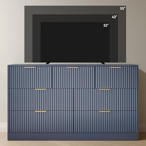 Blue Dresser with 7 Drawer 55" Wide Fluted Dresser for Bedroom丨Modern Chest of Drawer with Metal Handles, Wood TV Stand for Bedroom, Living Room, Entryway, Hallway, Blue - Image 7