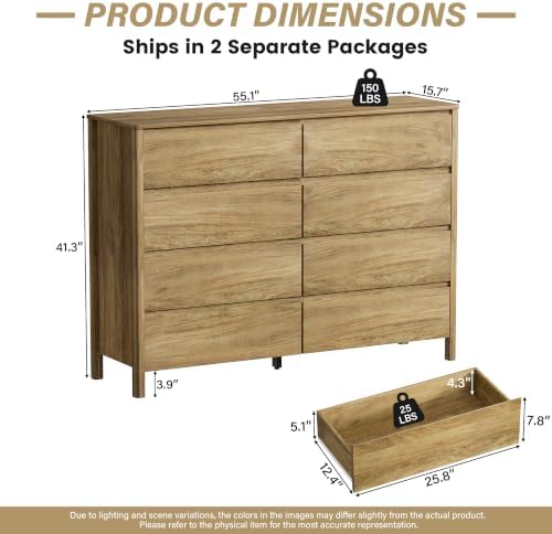 Furniway 55" Wide 8 Drawer Wood Dresser for Bedroom with Legs, Natural Oak - Image 2