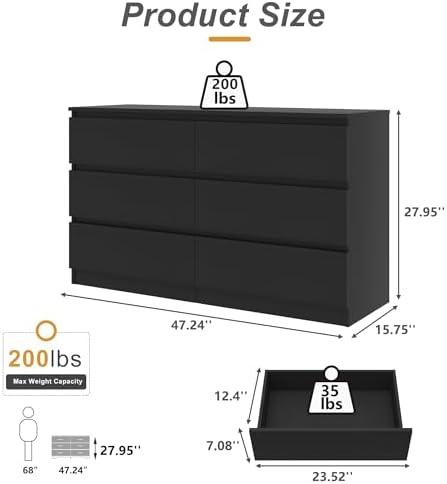 Vibe & Dine Double Dresser 6 Drawer, Modern Chest of Drawers with Wide Storage for Closet, Bedroom, Living Room, Black - Image 3