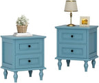 Blue Nightstand Set of 2, Vintage Bedside Tables with Drawers for Bedroom by Scurrty