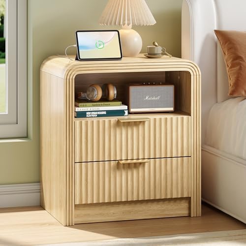 Decofy Fluted Nightstand with Charging Station, 2 Drawers, Oak by Decofy