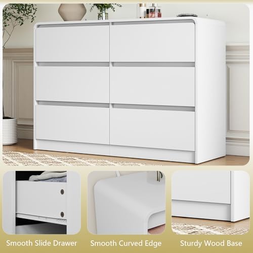 White 6 Drawer Dresser for Bedroom,Modern Chest of Drawer with Curved Corner and No-Handle Design,Bedroom Storage Organizer Dresser for Closet,Hallway - Image 4