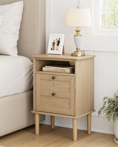 Nightstand, Boho Night Stand with 1 Drawer, Modern Side Accent Table with Open Shelf, Wooden Top Bedside End Table for Bedroom, Living Room, Natural by Apetaccat