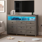Wodeer 9 Drawer Dresser for Bedroom with LED Lights, Charging Station, Wood Chest of Drawers with Metal Handles, Modern TV Stand & Storage Organizer for Bedroom, Hallway, Grey - Image 3