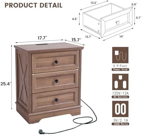 Farmhouse 3 Drawers Dresser, Natural Oak Dresser with Charging Station - Image 2