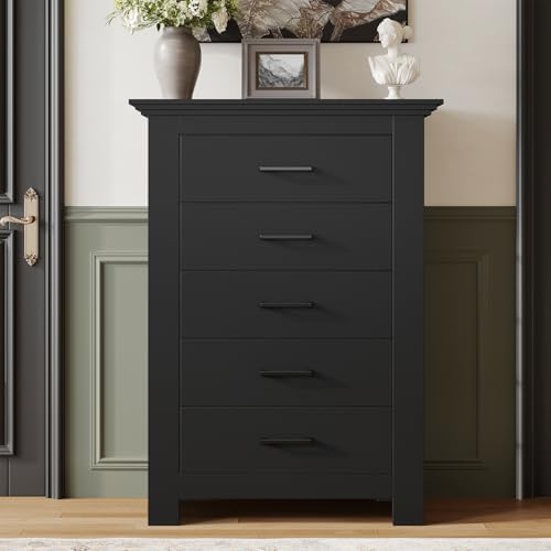 5 Drawer Dresser for Bedroom, Wood Dresser Chests of Drawers with Metal Handle, 47" Tall Vintage Design Storage Dressers for Bedroom, Cabinet Organizer Drawers for Hallway, Entryway, Closet, Black - Image 6
