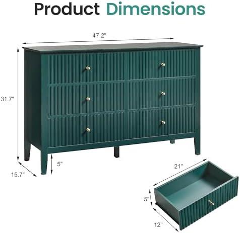 RoyalCraft 6 Drawer Dresser, Fluted Modern Wood Chest of Drawers, Long Dresser for Bedroom TV Stand Storage Cabinet for Living Room, Green - Image 2