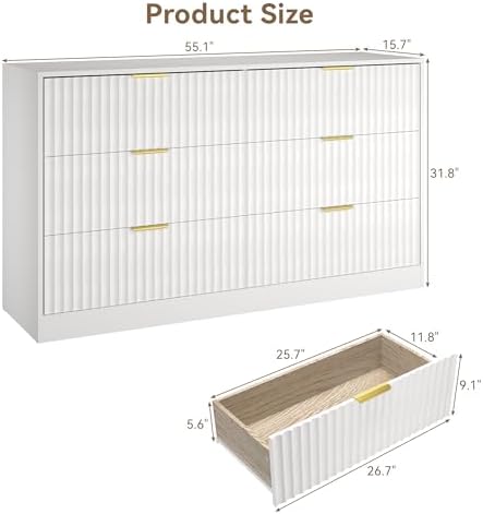 White 6 Drawer Dresser for Bedroom, 55" Wide Fluted Chest of Drawers with Gold Metal Handles, Wood Dresser Storage Organizer Mid Century TV Stand for Living Room Closet Hallway - Image 2