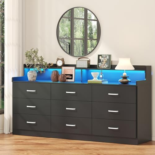 Bigbiglife 9 Drawer Dresser with Built in Power Outlet and LED Light, Modern Chest of Drawers for Bedroom, Triple Wide Drawer Organizer Cabinet for Living Room, Entryway, Hallway, Black by Bigbiglife