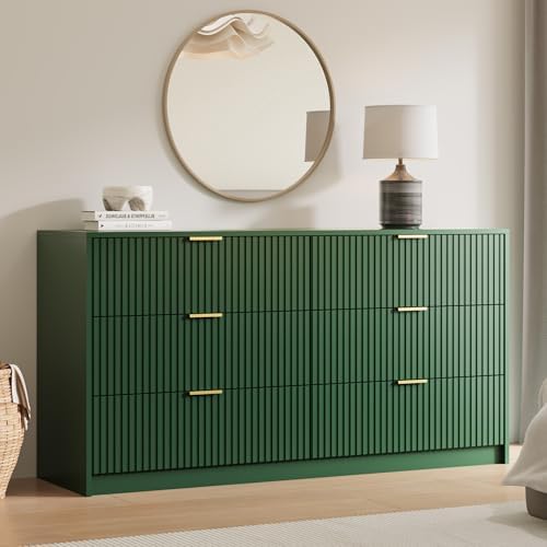 MAISONARIA Green 6 Drawer Dresser for Bedroom, 55" Wide Modern Chest of Drawers with Gold Metal Handles, Fluted Wood TV Stand for Living Room, Hallway - Image 6