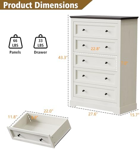 LOUVIXA Farmhouse Dresser 5 Drawer, Bedroom Chest of Drawers, Dressers with 5 Drawers, Wooden Dressers for Bedroom, Living Room, Tv Stand, Entryway(Off White-Brown) - Image 2