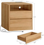 TEENFON Nightstands Set of 2 with Charging Station & LED Lights, Curved Corner Bedside Table 21.7" W, 2 Drawers & Open Shelf, USB-C & USB Ports, Natural, Storage End Table for Bedroom/Living Room - Image 3