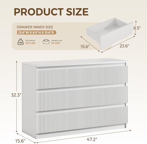 Jocoevol 6 Drawer Fluted Dresser, Modern Chest of Drawers for Bedroom with Hidden Handles, Wood Storage Organizer Cabinet for Living Room & Entryway, White (15.7" D x 47.3" W x 31.6" H) - Image 2
