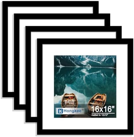 Hongkee 16x16 Frame Set of 4, 16 x 16 Black Wood Style(Mat 12x12) by Hongkee