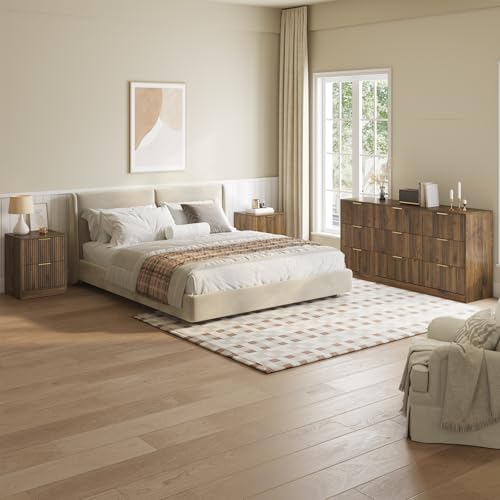 9 Drawer Dresser & 2-Drawer Nightstand Set 3-Piece, Walnut丨63 Wide Fluted Bedroom Dresser Set Night Stand Set of 2, Modern Wood Chest of Drawers Storage Dressers Set for Bedroom - Image 2
