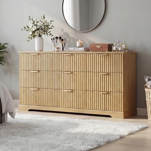 Wooden 9 Drawer Dresser for Bedroom, Fluted Dresser with Storage and Metal Handle, Modern Chest of Drawers for Living Room, Entryway, Natural Oak - Image 4