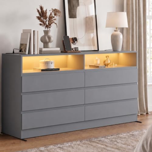 Gyfimoie Grey 6-Drawer Dresser for Bedroom w/Power Outlet and LED Light by Gyfimoie