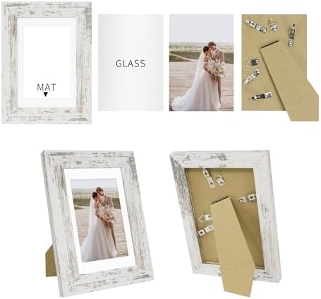 Hongkee 5x7 Picture Frame Set of 4, Made of Real Glass and Distressed White Wooden Frame, 5 by 7 Photo for Wall or Tabletop - Display Picture 4x6 with Mat or 5x7 Without Mat (Pack of 2) - Image 2