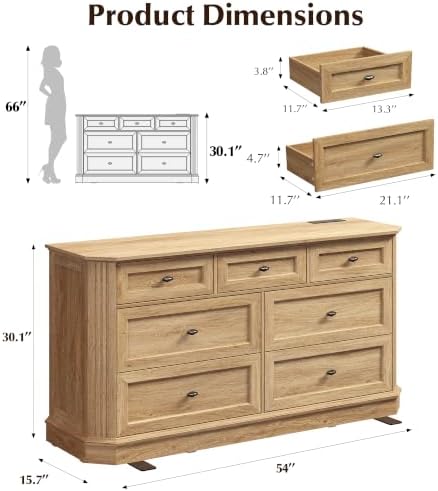 7 Drawers Dresser for Bedroom, 54" Wide Chest of Drawers w/Charging Station - Image 2