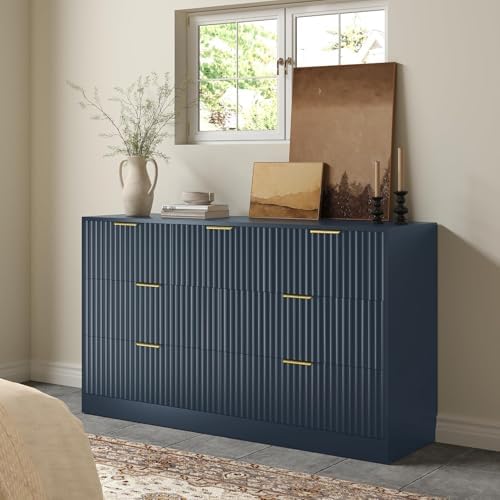 Navy Blue 7 Drawer Dresser for Bedroom, 55" Wide Fluted Chest of Drawers with Gold Metal Handles, Modern Wood Dresser Closet Storage Organizer Mid Century TV Stand for Living Room Hallway by RESOM