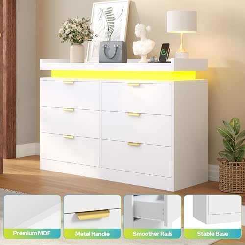 knoworld 6 Drawer Dresser for Bedroom, White Dresser with LED Lights and Power Outlet, Large Wooden Dressers Modern Chest of Drawers, Double Wide 6 Drawer Dressers for Bedroom, Entryway, Hallway - Image 7
